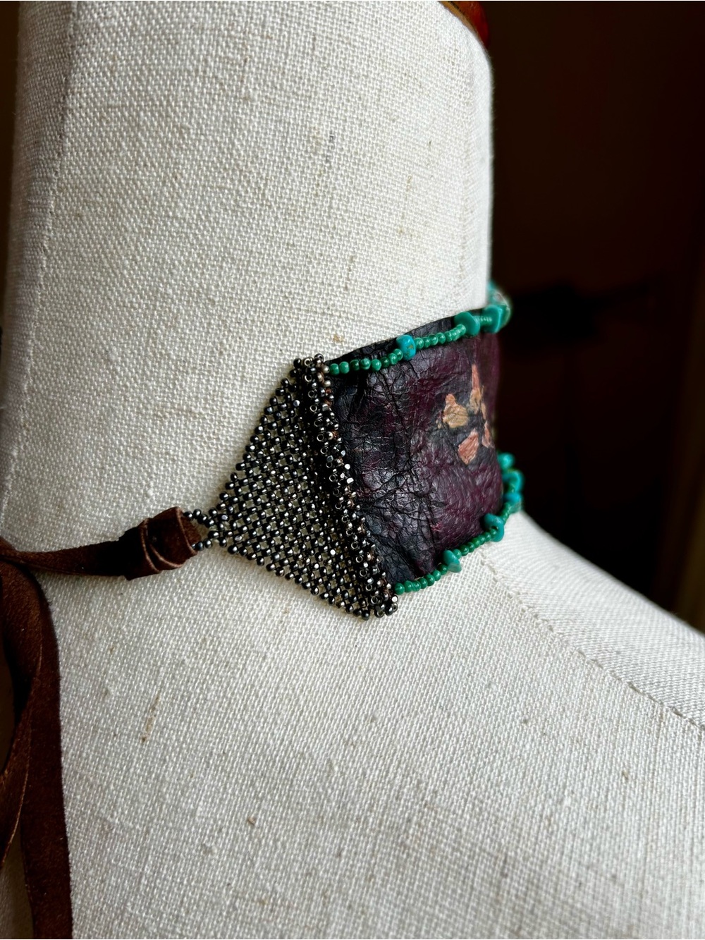 Vintage 1990’s Leather Hand-Painted Hand-Made Choker with Turquoise Beads - Picture 5 of 8